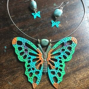 Hand Painted Butterfly on Torque Collar & Earrings